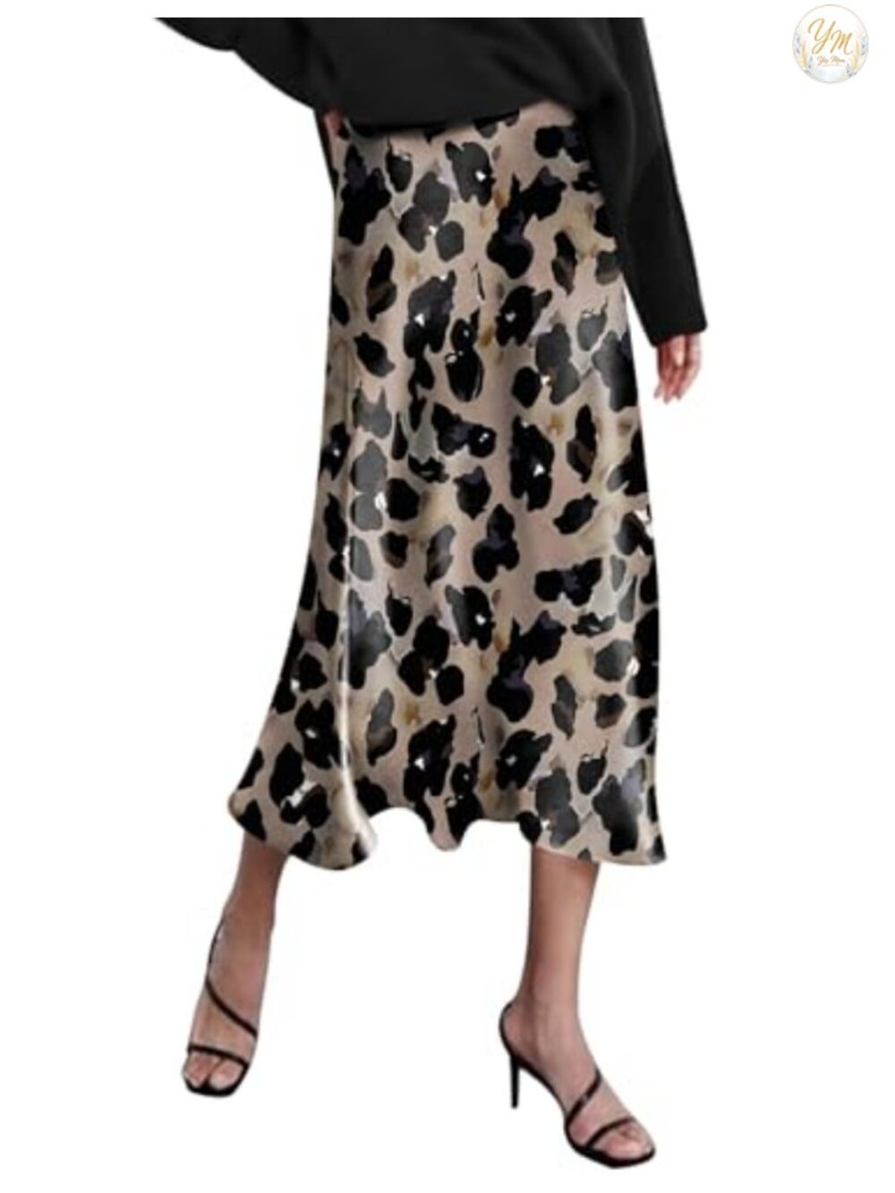 Satin High Waist Midi Skirt with Floral Pattern - Elegant Party Skirt